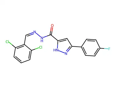 (Z)-N'-(2,6-dichlorobenzylidene)-3-(4-fluorophenyl)-1H-pyrazole-5-carbohydrazide structure