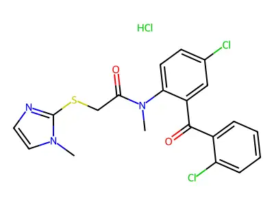 Acetamide, N-(4-chloro-2-(2-chlorobenzoyl)phenyl)-N-methyl-2-((1-methyl-1H-imidazol-2-yl)thio)-, monohydrochloride structure