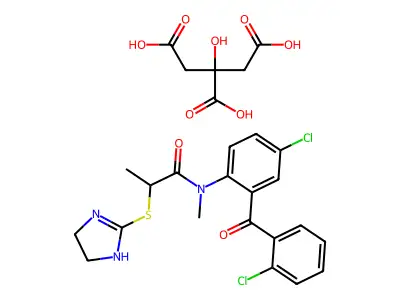 Propanamide, N-(4-chloro-2-(2-chlorobenzoyl)phenyl)-2-((4,5-dihydro-1H-imidazol-2-yl)thio)-N-methyl-, 2-hydroxy-1,2,3-propanetricarboxylate (1:1) structure