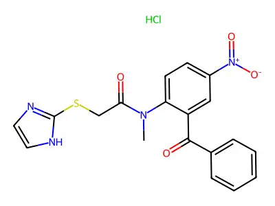 Acetamide, N-(2-benzoyl-4-nitrophenyl)-2-(1H-imidazol-2-ylthio)-N-methyl-, monohydrochloride structure