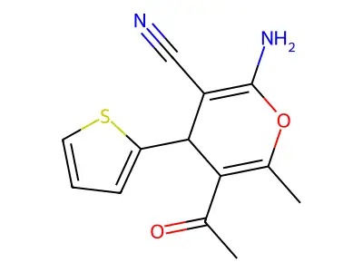 5-acetyl-2-amino-6-methyl-4-(2-thienyl)-4H-pyran-3-carbonitrile structure