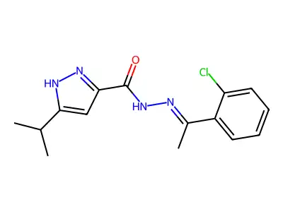 (E)-N'-(1-(2-chlorophenyl)ethylidene)-3-isopropyl-1H-pyrazole-5-carbohydrazide structure