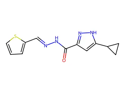(E)-3-cyclopropyl-N'-(thiophen-2-ylmethylene)-1H-pyrazole-5-carbohydrazide structure