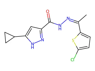 (Z)-N'-(1-(5-chlorothiophen-2-yl)ethylidene)-3-cyclopropyl-1H-pyrazole-5-carbohydrazide structure