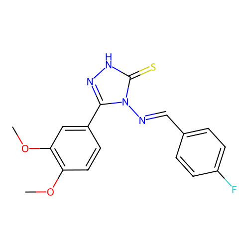 (E)-5-(3,4-dimethoxyphenyl)-4-((4-fluorobenzylidene)amino)-4H-1,2,4-triazole-3-thiol structure