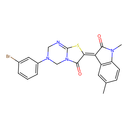 (7Z)-3-(3-bromophenyl)-7-(1,5-dimethyl-2-oxo-1,2-dihydro-3H-indol-3-ylidene)-3,4-dihydro-2H-[1,3]thiazolo[3,2-a][1,3,5]triazin-6(7H)-one structure