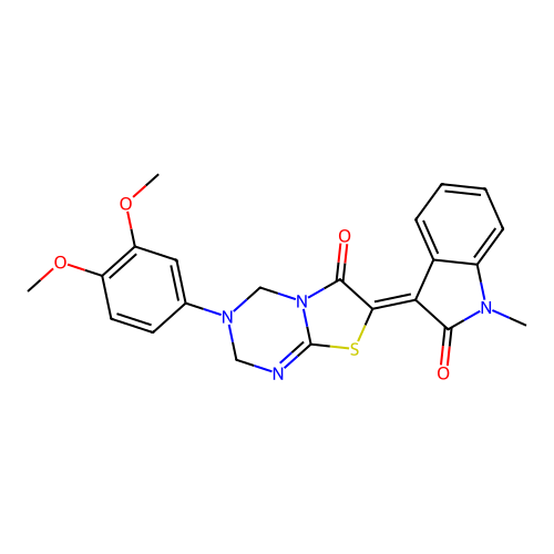 (7Z)-3-(3,4-dimethoxyphenyl)-7-(1-methyl-2-oxo-1,2-dihydro-3H-indol-3-ylidene)-3,4-dihydro-2H-[1,3]thiazolo[3,2-a][1,3,5]triazin-6(7H)-one structure