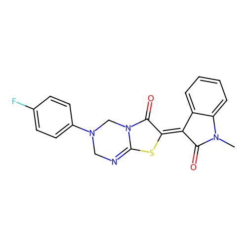 (7Z)-3-(4-fluorophenyl)-7-(1-methyl-2-oxo-1,2-dihydro-3H-indol-3-ylidene)-3,4-dihydro-2H-[1,3]thiazolo[3,2-a][1,3,5]triazin-6(7H)-one structure