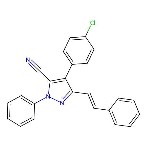 4-(4-chlorophenyl)-2-phenyl-5-[(E)-2-phenylethenyl]pyrazole-3-carbonitrile structure