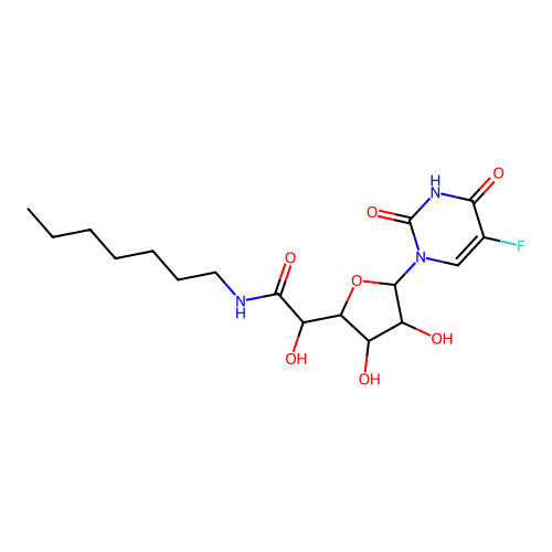 2-[5-(5-fluoro-2,4-dioxopyrimidin-1-yl)-3,4-dihydroxyoxolan-2-yl]-N-heptyl-2-hydroxyacetamide structure