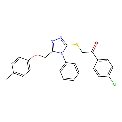 1-(4-chlorophenyl)-2-[[5-[(4-methylphenoxy)methyl]-4-phenyl-1,2,4-triazol-3-yl]sulfanyl]ethanone structure