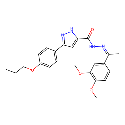N'-[(1E)-1-(3,4-dimethoxyphenyl)ethylidene]-3-(4-propoxyphenyl)-1H-pyrazole-5-carbohydrazide structure