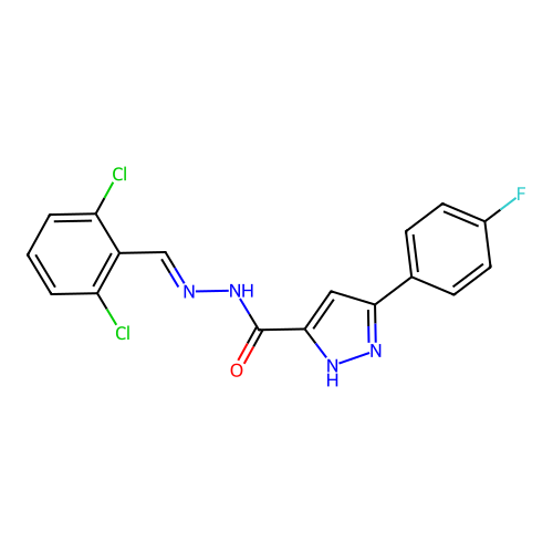 N'-[(E)-(2,6-dichlorophenyl)methylidene]-3-(4-fluorophenyl)-1H-pyrazole-5-carbohydrazide structure