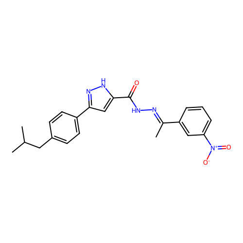 (E)-3-(4-isobutylphenyl)-N'-(1-(3-nitrophenyl)ethylidene)-1H-pyrazole-5-carbohydrazide structure