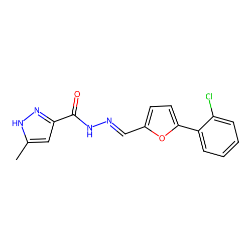 N'-{[5-(2-chlorophenyl)-2-furyl]methylene}-3-methyl-1H-pyrazole-5-carbohydrazide structure