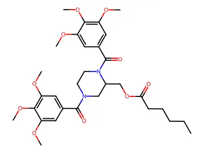 Hexanoic acid, (1,4-bis(3,4,5-trimethoxybenzoyl)-2-piperazinyl)methyl ester structure