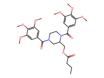 Butanoic acid, (1,4-bis(3,4,5-trimethoxybenzoyl)-2-piperazinyl)methyl ester structure