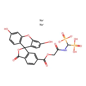 Spiro(isobenzofuran-1(3H),9'-(9H)xanthene)-6-carboxylic acid, 3',6'-dihydroxy-3-oxo-, 2-((diposphonomethyl)amino)-2-oxoethyl ester, disodium salt structure