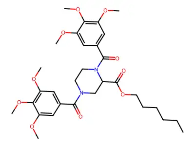 2-Piperazinecarboxylic acid, 1,4-bis(3,4,5-trimethoxybenzoyl)-, hexyl ester structure