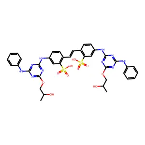 2,2'-(Ethene-1,2-diyl)bis(5-{[4-anilino-6-(2-hydroxypropoxy)-1,3,5-triazin-2-yl]amino}benzene-1-sulfonic acid) structure