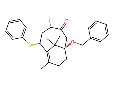 1-Benzyloxy-4,8,11,11-tetramethyl-6-phenylthiobicyclo(5.3.1)undec-7-en-3-one structure