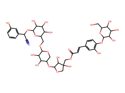 Benzeneacetonitrile, alpha-[[O-5-O-[(2E)-3-[4-(beta-D-glucopyranosyloxy)-3-hydroxyphenyl]-1-oxo-2-propenyl]-D-apio-beta-D-furanosyl-(1-->4)-O-beta-D-xylopyranosyl-(1-->6)-beta-D-glucopyranosyl]oxy]-3-hydroxy-, (alphaS)- structure