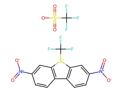 S-(Trifluoromethyl)-3,7-dinitrodibenzothiophenium trifluoromethanesulfonate structure