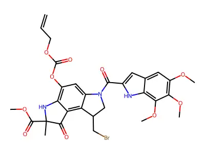 Benzo(1,2-b:4,3-b')dipyrrole-2-carboxylic acid, 1,2,3,6,7,8-hexahydro-8-(bromomethyl)-2-methyl-1-oxo-4-(((2-propenyloxy)carbonyl)oxy)-6-((5,6,7-trimethoxy-1H-indol-2-yl)carbonyl)-, methyl ester structure