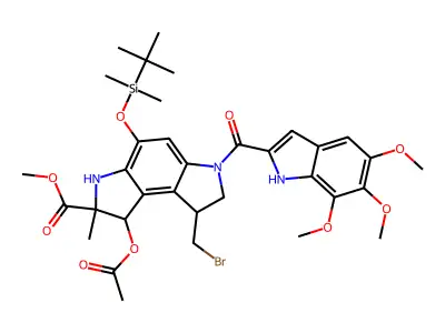 Benzo(1,2-b:4,3-b')dipyrrole-2-carboxylic acid, 1,2,3,6,7,8-hexahydro-1-(acetyloxy)-8-(bromomethyl)-4-(((1,1-dimethylethyl)dimethylsilyl)oxy)-2-methyl-6-((5,6,7-trimethoxy-1H-indol-2-yl)carbonyl)-, methyl ester structure
