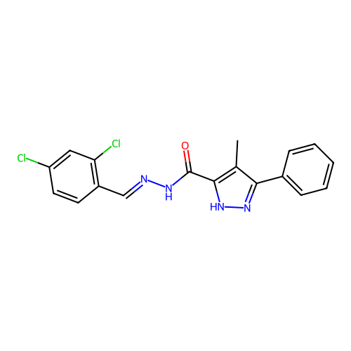 (E)-N'-(2,4-dichlorobenzylidene)-4-methyl-3-phenyl-1H-pyrazole-5-carbohydrazide structure