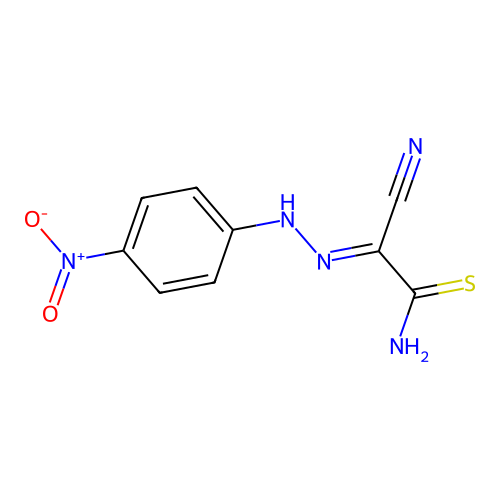 (1E)-2-amino-N-(4-nitroanilino)-2-sulfanylideneethanimidoyl cyanide structure