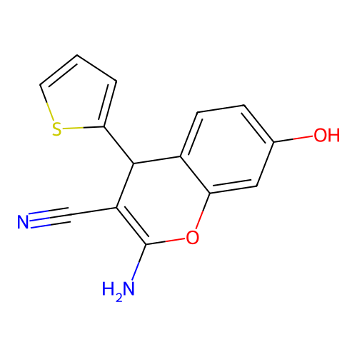 2-amino-7-hydroxy-4-(thiophen-2-yl)-4H-chromene-3-carbonitrile structure