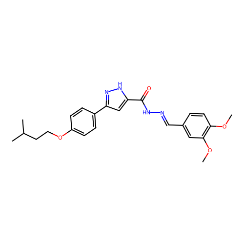(E)-N'-(3,4-dimethoxybenzylidene)-3-(4-(isopentyloxy)phenyl)-1H-pyrazole-5-carbohydrazide structure