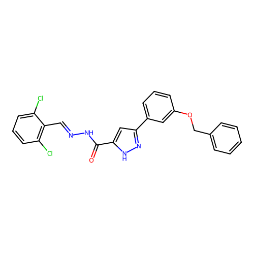 (E)-3-(3-(benzyloxy)phenyl)-N'-(2,6-dichlorobenzylidene)-1H-pyrazole-5-carbohydrazide structure