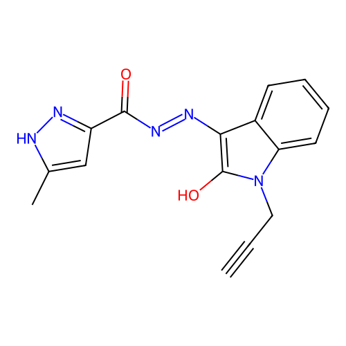 3-methyl-N'-[(3Z)-2-oxo-1-(prop-2-yn-1-yl)-1,2-dihydro-3H-indol-3-ylidene]-1H-pyrazole-5-carbohydrazide structure