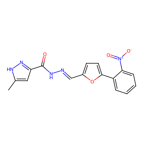 (E)-3-methyl-N'-((5-(2-nitrophenyl)furan-2-yl)methylene)-1H-pyrazole-5-carbohydrazide structure