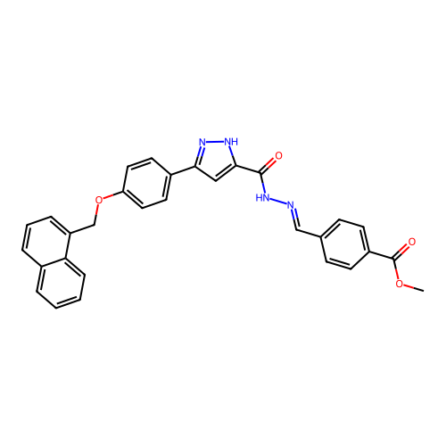 (E)-methyl 4-((2-(3-(4-(naphthalen-1-ylmethoxy)phenyl)-1H-pyrazole-5-carbonyl)hydrazono)methyl)benzoate structure