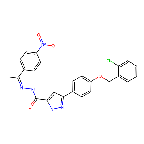 3-{4-[(2-chlorobenzyl)oxy]phenyl}-N'-[(1Z)-1-(4-nitrophenyl)ethylidene]-1H-pyrazole-5-carbohydrazide structure