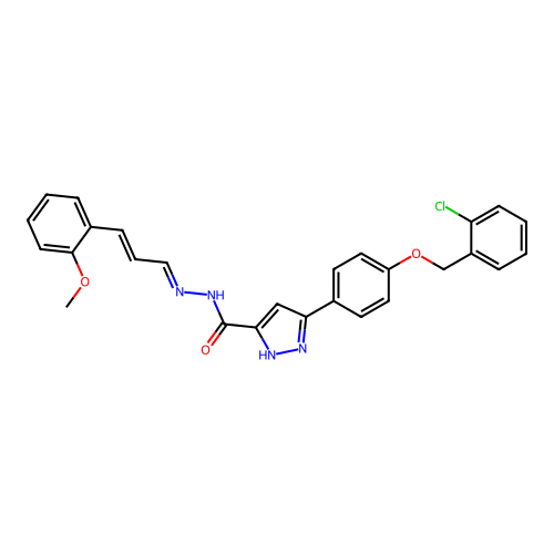 (E)-3-(4-((2-chlorobenzyl)oxy)phenyl)-N'-((E)-3-(2-methoxyphenyl)allylidene)-1H-pyrazole-5-carbohydrazide structure