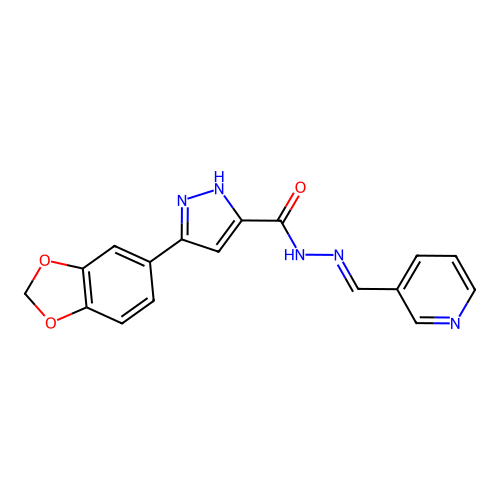 (E)-3-(benzo[d][1,3]dioxol-5-yl)-N'-(pyridin-3-ylmethylene)-1H-pyrazole-5-carbohydrazide structure