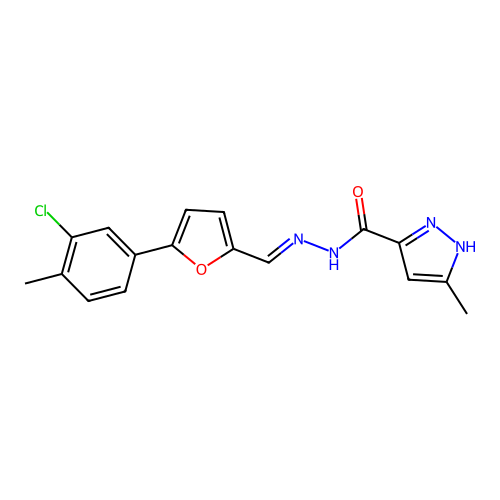 N-[(E)-[5-(3-chloro-4-methylphenyl)furan-2-yl]methylideneamino]-5-methyl-1H-pyrazole-3-carboxamide structure