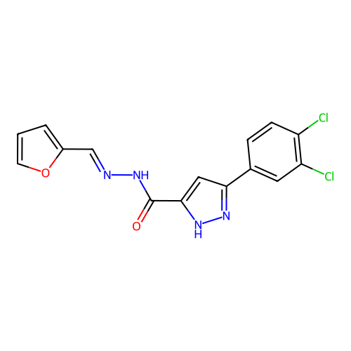 (E)-3-(3,4-dichlorophenyl)-N'-(furan-2-ylmethylene)-1H-pyrazole-5-carbohydrazide structure
