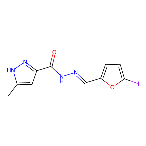 N'-[(E)-(5-iodofuran-2-yl)methylidene]-3-methyl-1H-pyrazole-5-carbohydrazide structure