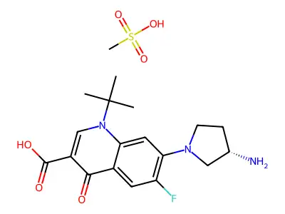 3-Quinolinecarboxylic acid, 1,4-dihydro-7-(3-amino-1-pyrrolidinyl)-1-(1,1-dimethylethyl)-6-fluoro-4-oxo-, (S)-, monomethanesulfonate, dihydrate structure