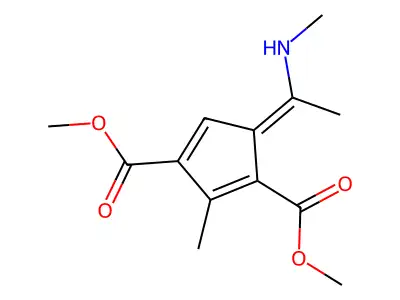 1,3-Cyclopentadiene-1,3-dicarboxylic acid, 2-methyl-5-[1-(methylamino)ethylidene]-, dimethyl ester structure