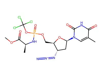 3'-Azido-2',3'-dideoxy-5'-(trichloroethyl (methyl,L-alaninyl)) phosphoramidate structure