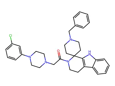 Spiro(piperidine-4,1'-(1H)pyrido(3,4-b)indole), 2',3',4',9'-tetrahydro-((4-(3-chlorophenyl)-1-piperazinyl)acetyl)-1-(phenylmethyl)- structure