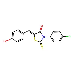 (5E)-3-(4-chlorophenyl)-5-[(4-hydroxyphenyl)methylidene]-2-sulfanylidene-1,3-thiazolidin-4-one structure