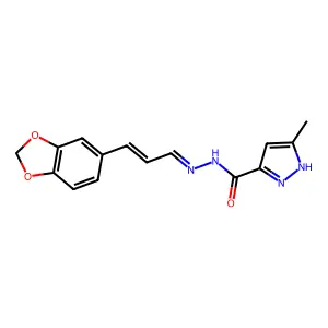 N-[(E)-[(E)-3-(1,3-benzodioxol-5-yl)prop-2-enylidene]amino]-5-methyl-1H-pyrazole-3-carboxamide structure