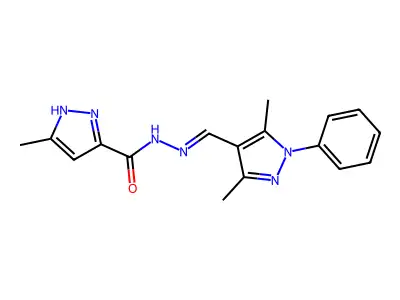N-[(E)-(3,5-dimethyl-1-phenylpyrazol-4-yl)methylideneamino]-5-methyl-1H-pyrazole-3-carboxamide structure